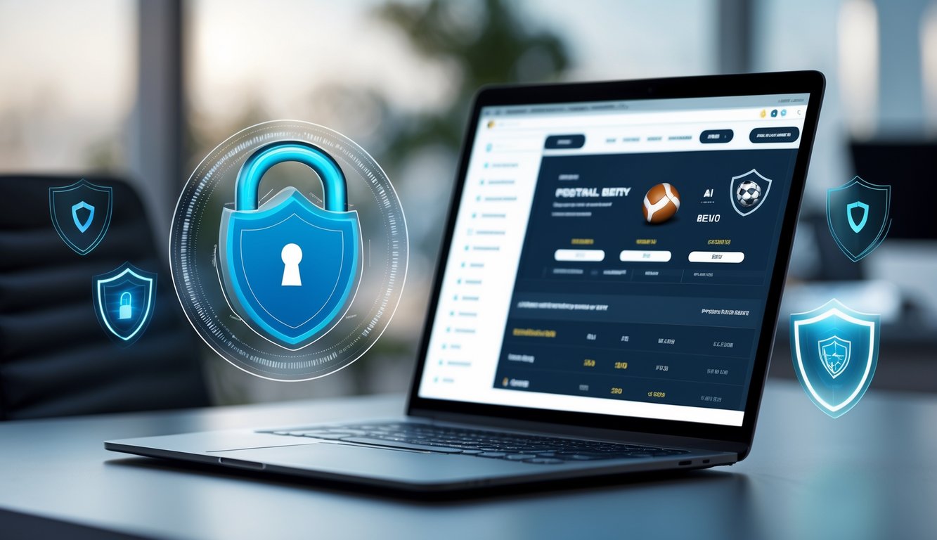 Seorang pria menggunakan laptop di meja kerja dengan latar belakang kantor, menampilkan simbol keamanan digital di layar.