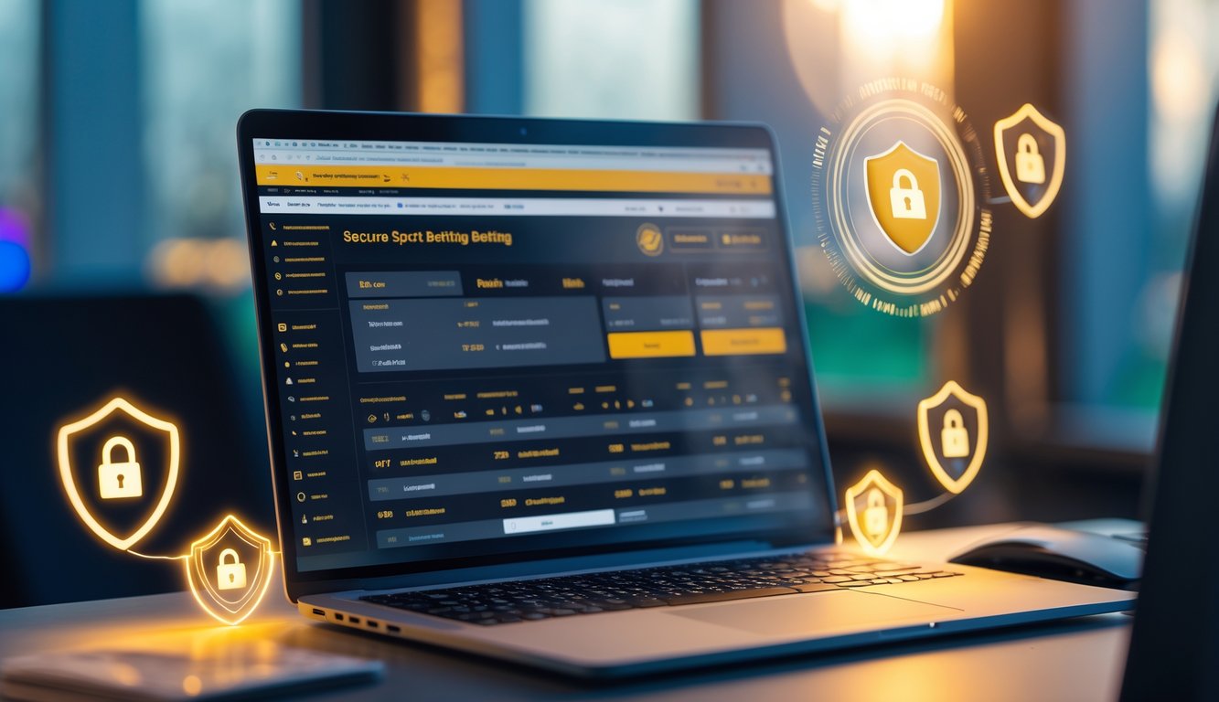 Sebuah laptop di meja kerja menampilkan antarmuka situs judi bola online dengan simbol keamanan digital di sekitarnya.