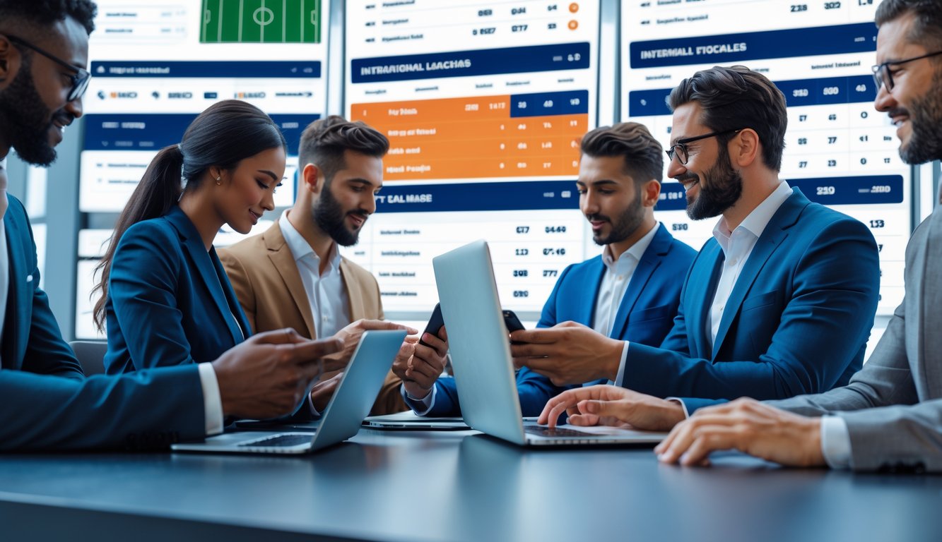 Orang-orang menggunakan perangkat digital untuk melihat statistik dan taruhan sepak bola internasional dalam suasana yang profesional dan modern.