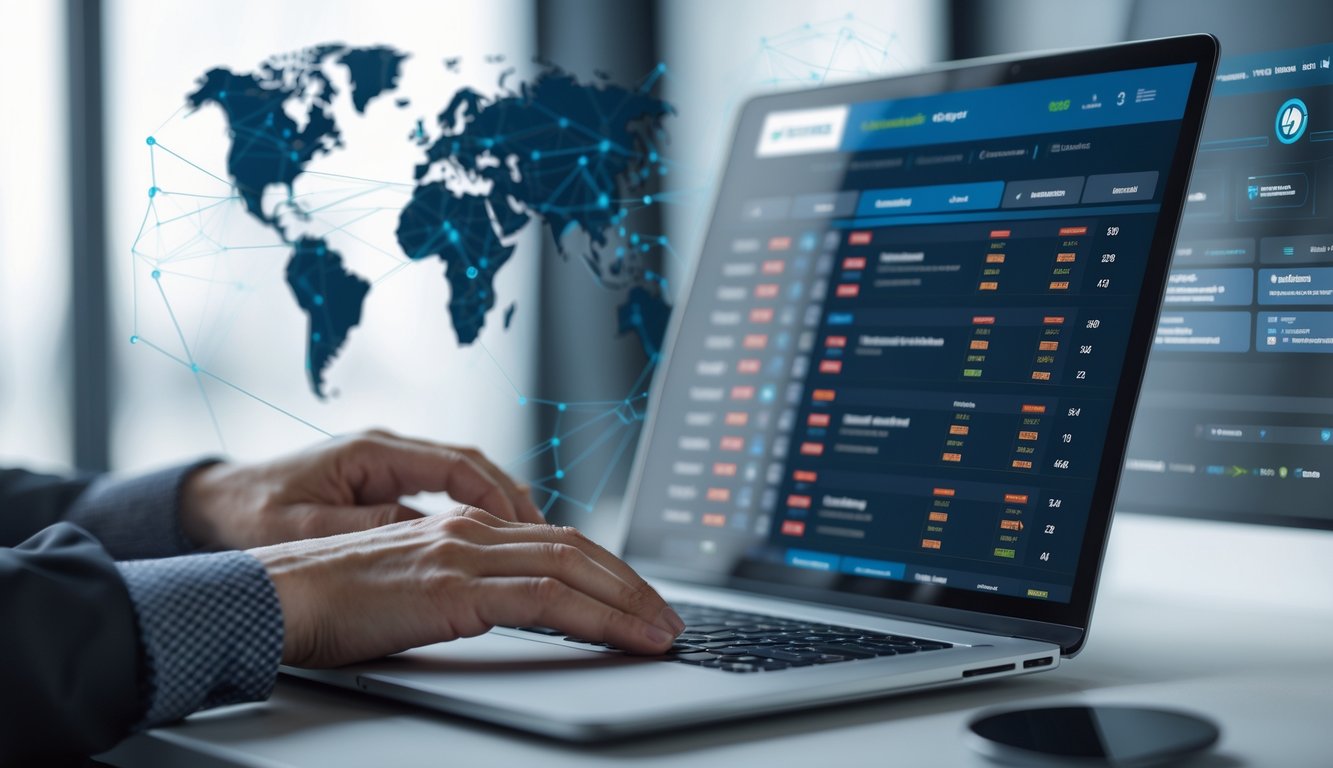 Seseorang menggunakan laptop dengan tampilan situs taruhan bola internasional di layar, di ruang kerja modern yang terang.