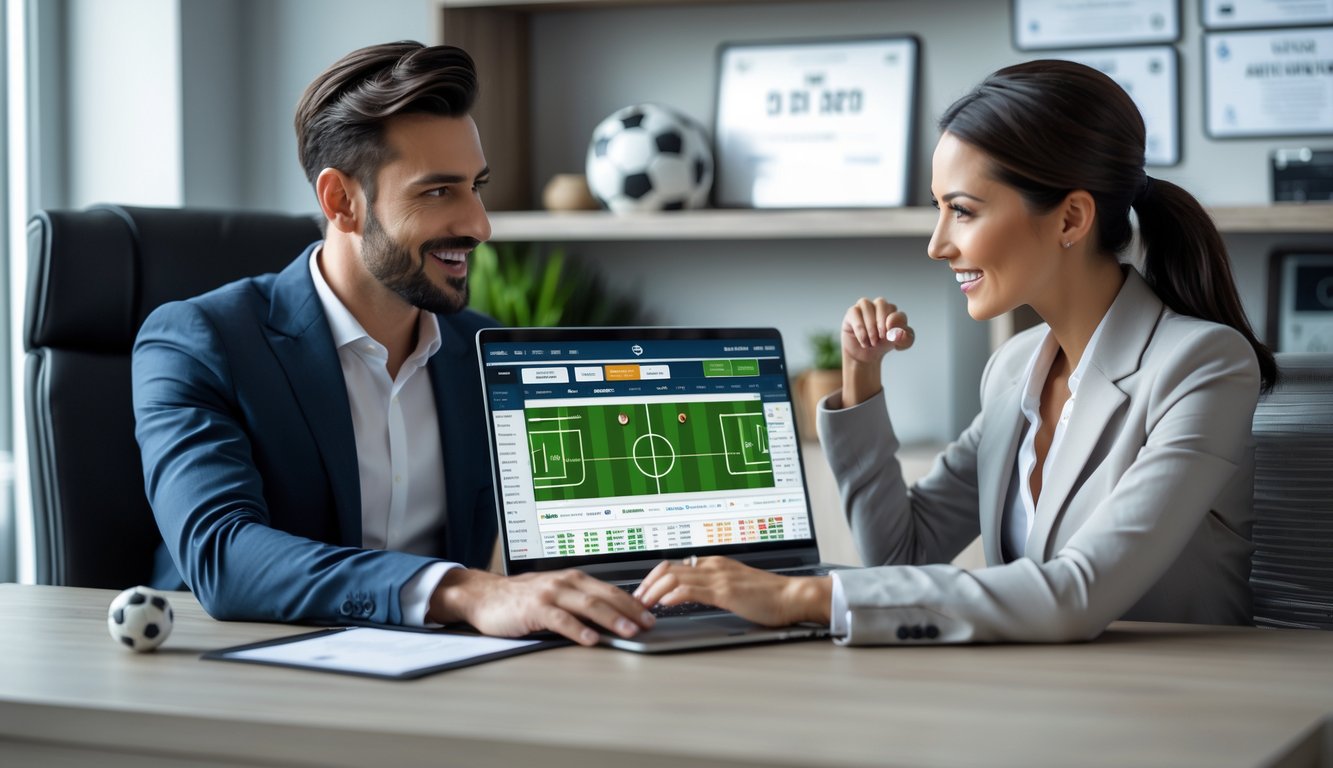 Seorang pria dan wanita duduk bersama di meja kantor modern, melihat layar laptop dengan tampilan taruhan sepak bola digital, di latar belakang terlihat bola sepak dan sertifikat resmi.