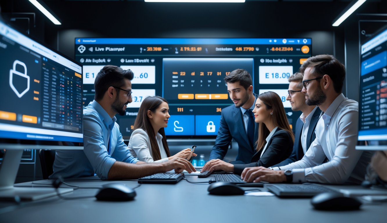Seorang kelompok profesional sedang bekerja di depan komputer dengan tampilan statistik pertandingan sepak bola dan simbol keamanan.