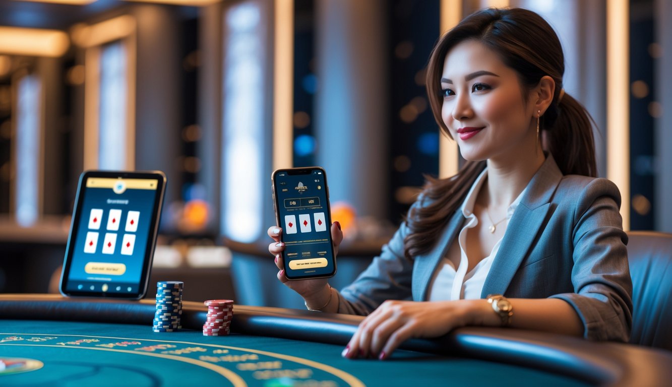 Seorang wanita muda duduk di meja kasino modern sambil melihat permainan baccarat online di ponselnya dengan ekspresi percaya diri.