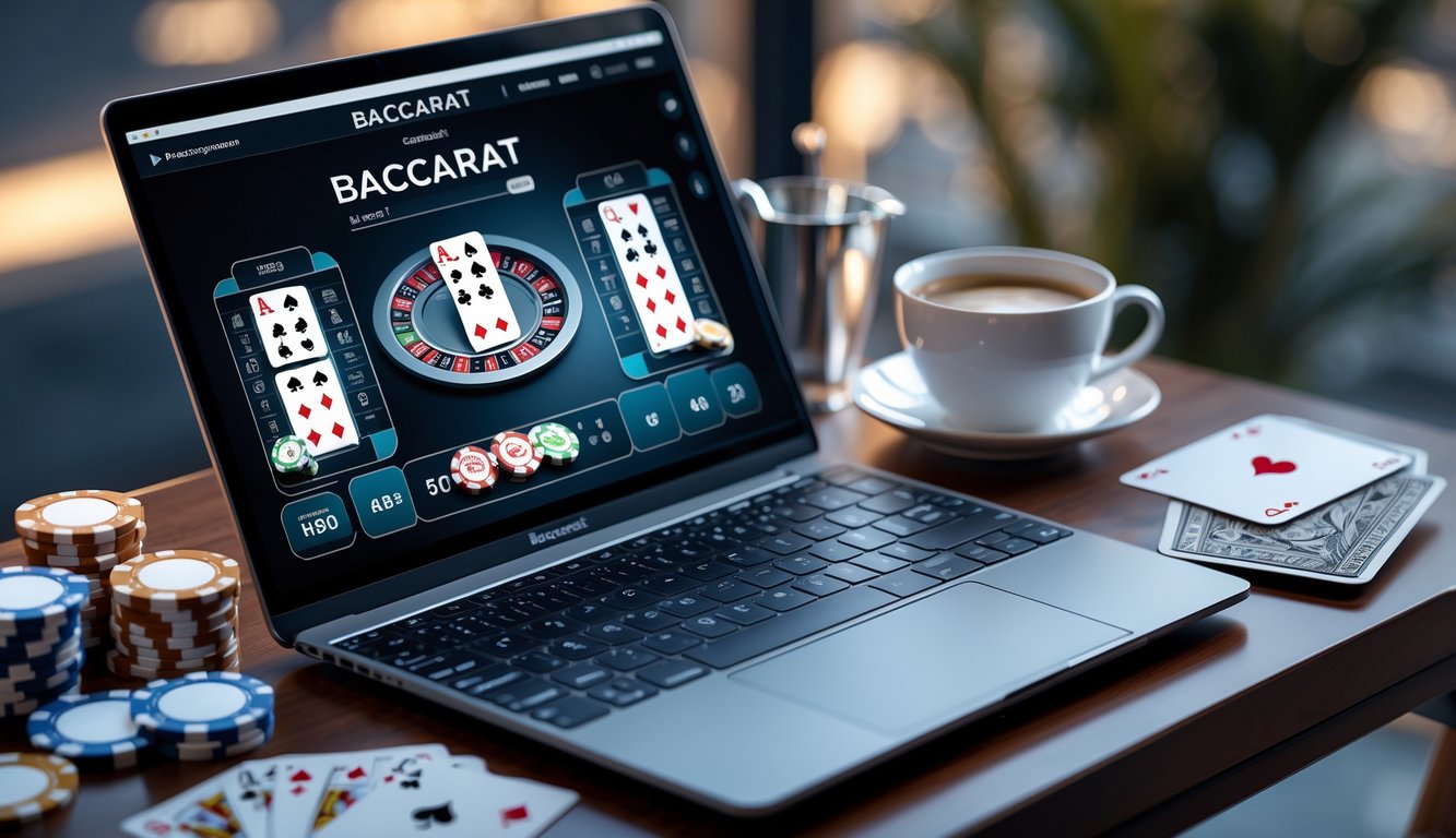 Seorang pemain sedang bermain baccarat online dengan laptop, kartu, dan chip kasino di atas meja kayu.