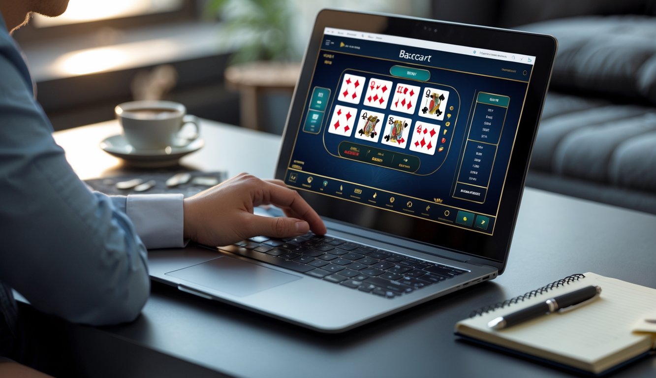 Seseorang sedang bermain baccarat online di laptop dengan suasana ruangan yang tenang dan alat tulis di dekatnya.