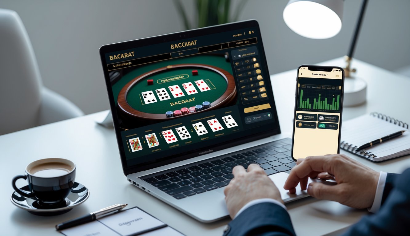 Seorang pemain menggunakan laptop dan ponsel untuk bermain baccarat online dengan suasana meja kerja yang rapi dan terang.