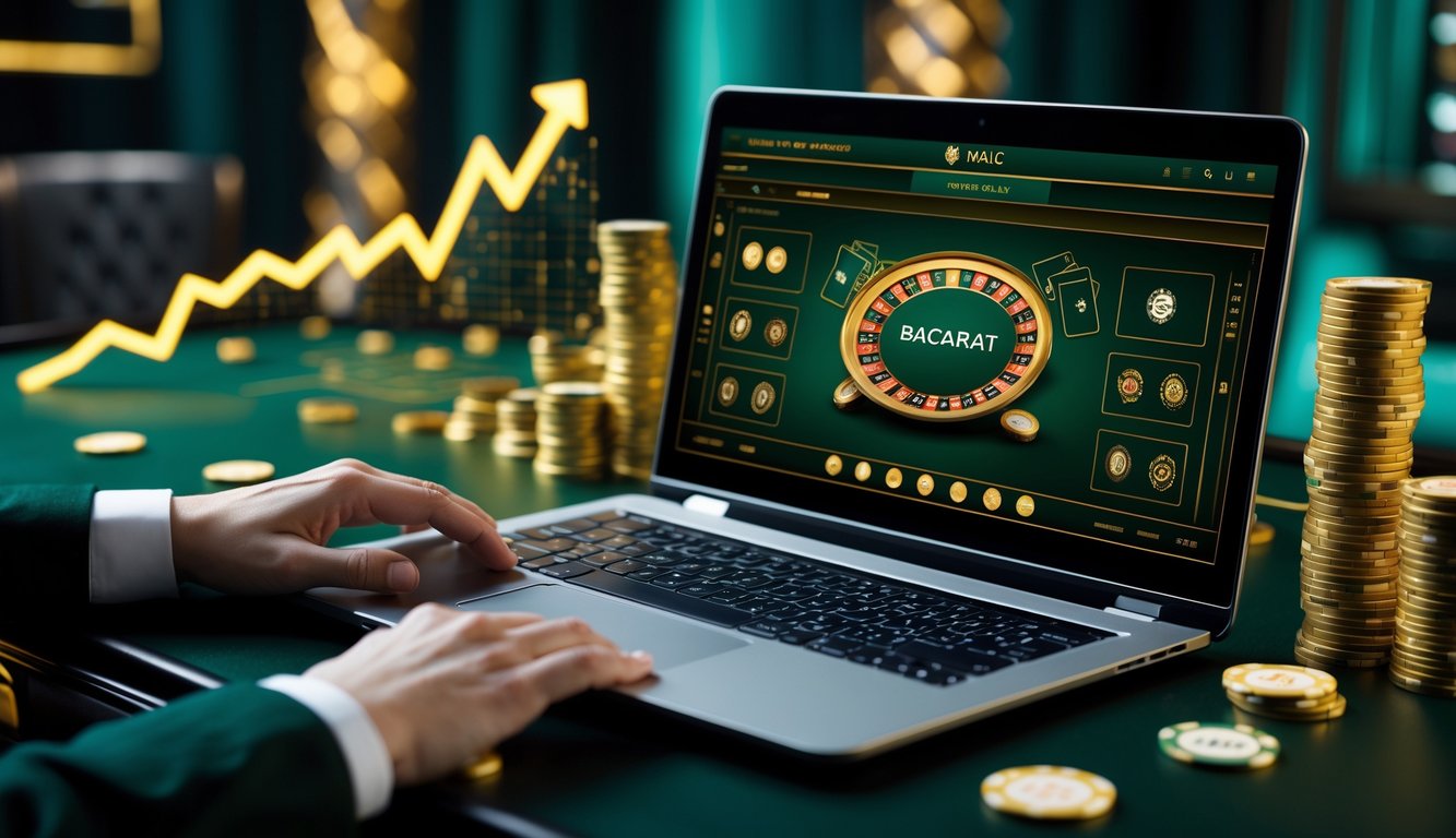 Seorang pemain sedang menggunakan laptop dengan tampilan permainan baccarat online di layar, dikelilingi oleh simbol grafik dan chip kasino dalam suasana yang profesional dan aman.