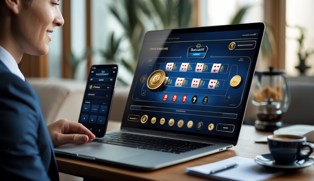 Seorang pria atau wanita duduk di depan laptop yang menampilkan permainan baccarat online, dengan ekspresi puas di ruangan yang nyaman.