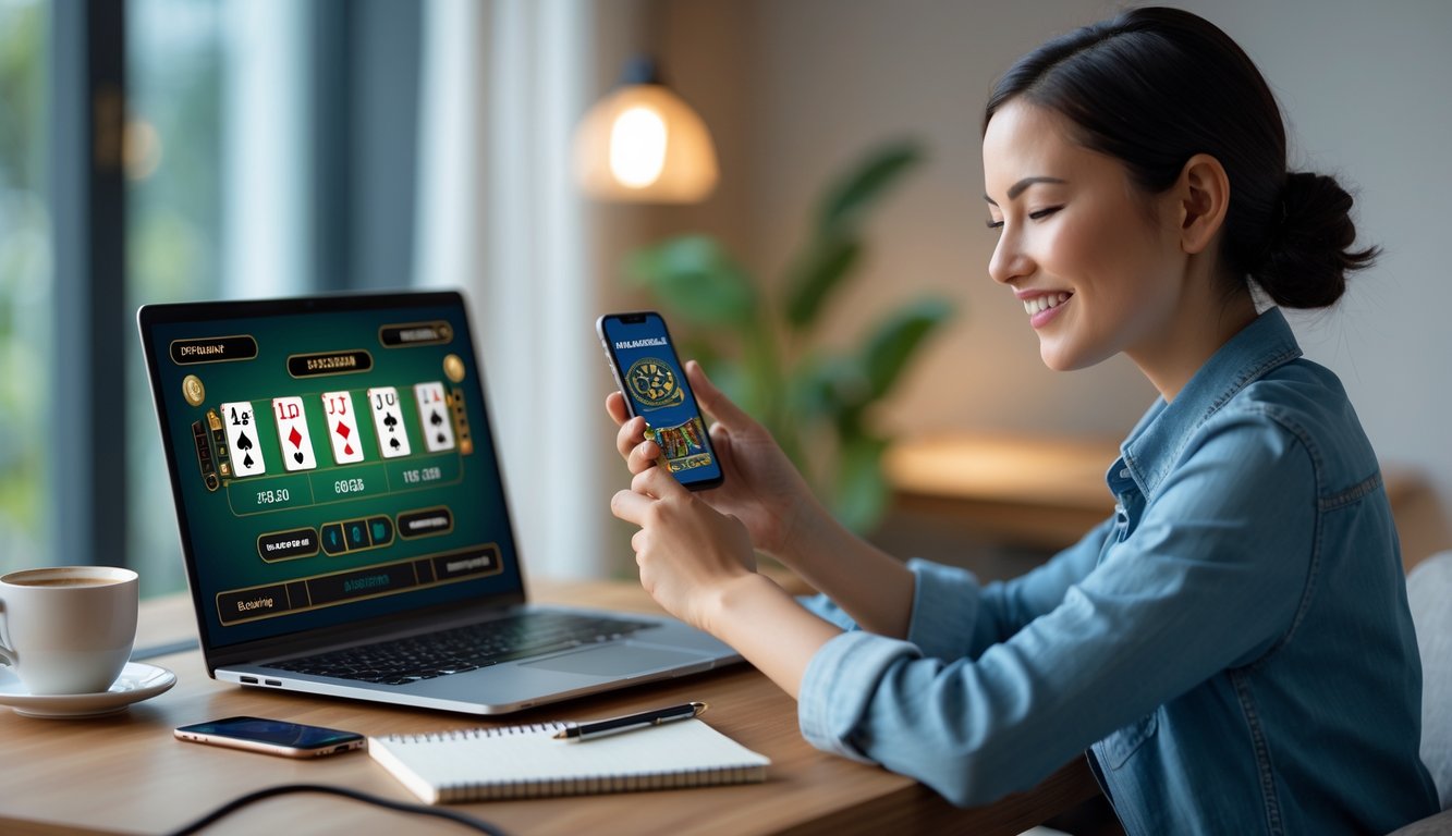 Seorang pemula bermain baccarat online dengan laptop dan ponsel di meja kerja yang rapi dan terang.