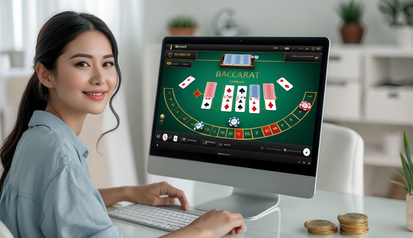 Seorang pemuda duduk di depan komputer dengan permainan baccarat online terbuka, terlihat santai dan fokus di ruangan yang terang dan rapi.
