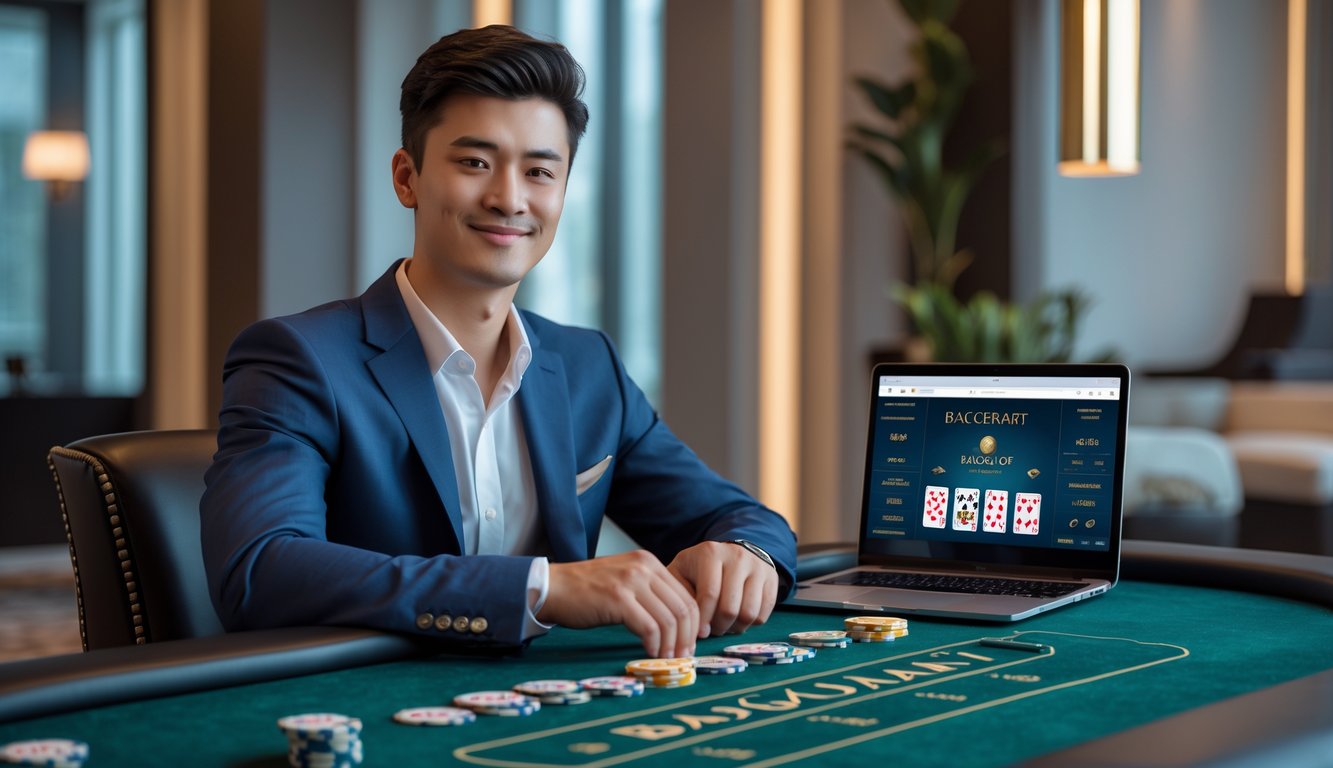Seorang pria muda duduk di meja permainan baccarat dengan kartu dan chip, tersenyum sambil menggunakan laptop untuk bermain baccarat online.