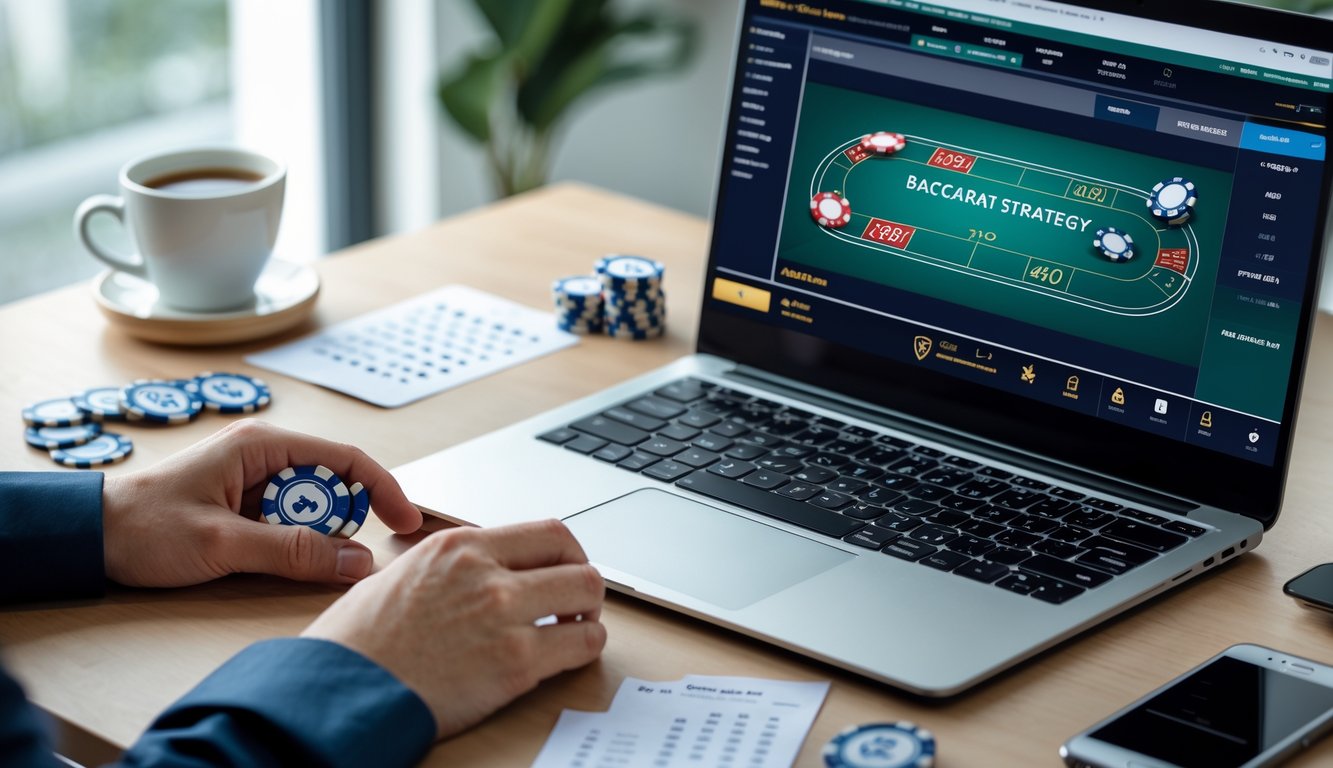 Seseorang duduk di meja kerja dengan laptop yang menampilkan permainan baccarat online, memegang chip poker kecil, di ruangan dengan pencahayaan alami.
