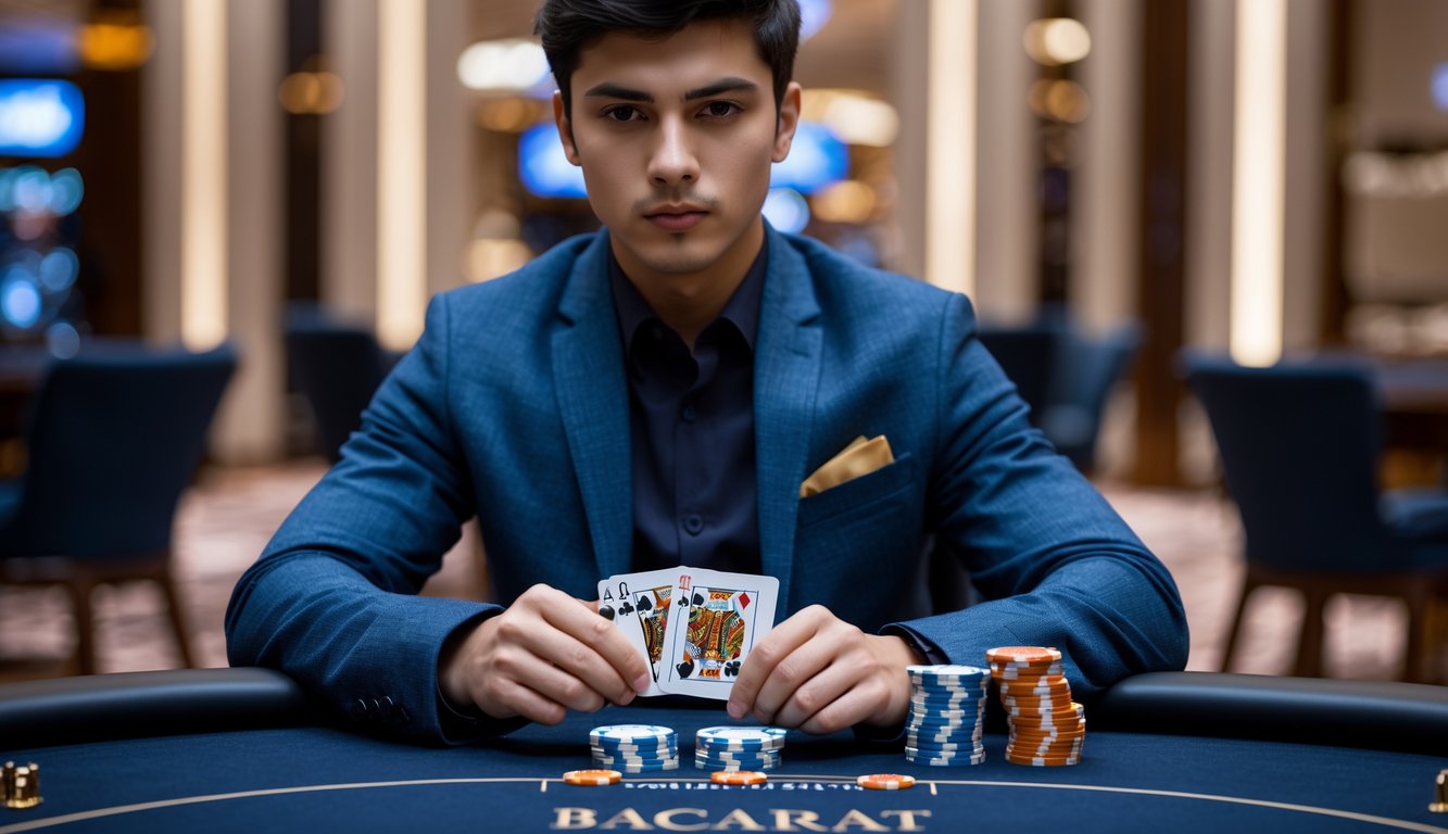 Seorang dewasa muda duduk di meja permainan kasino dengan kartu dan chip poker, terlihat fokus dan percaya diri.