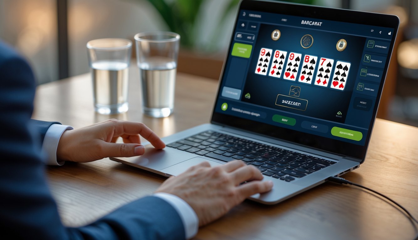 Seorang pemain sedang menggunakan laptop untuk bermain baccarat online dengan suasana yang tenang dan profesional.