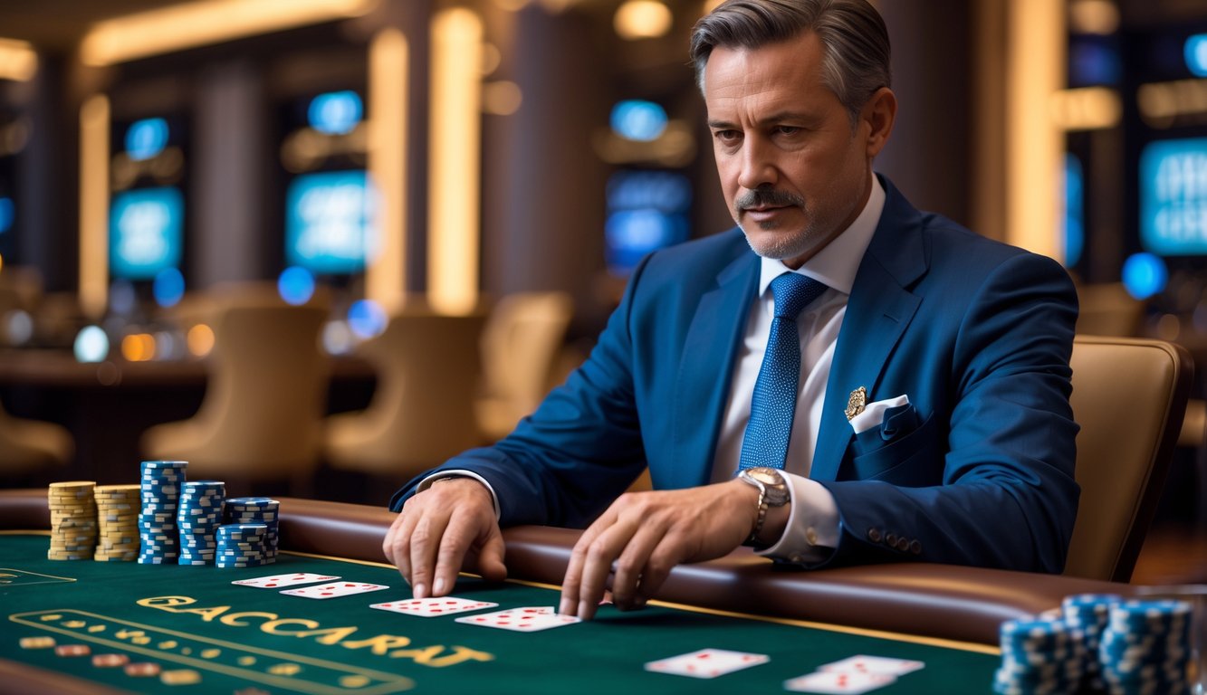 Seorang pemain profesional sedang duduk di meja baccarat di kasino dengan kartu dan chip, terlihat fokus dan percaya diri.