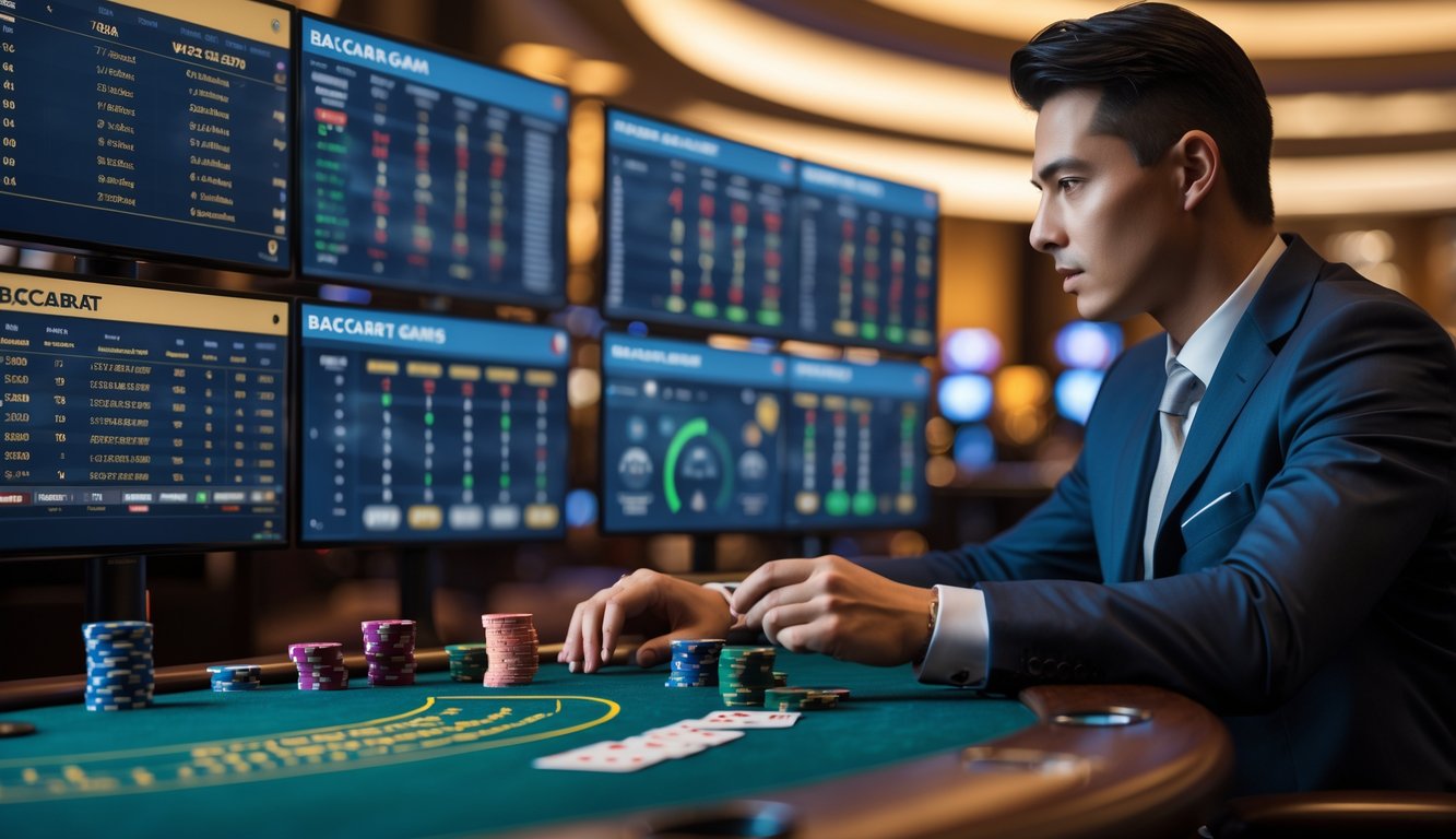 Seorang pemain profesional sedang menganalisis pola permainan baccarat di depan beberapa layar digital di dalam kasino modern.