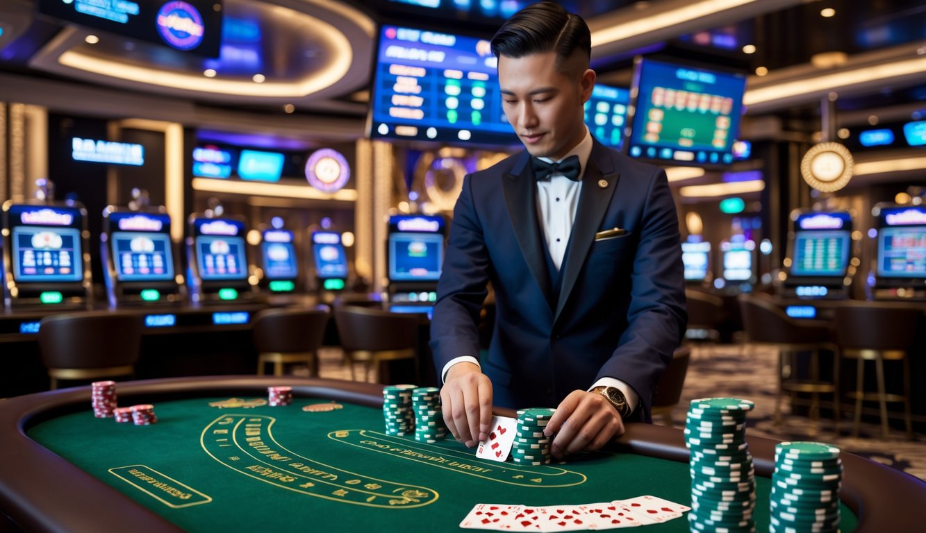 Seorang dealer profesional sedang membagikan kartu di meja baccarat dengan tumpukan chip dan layar digital di latar belakang di kasino langsung.