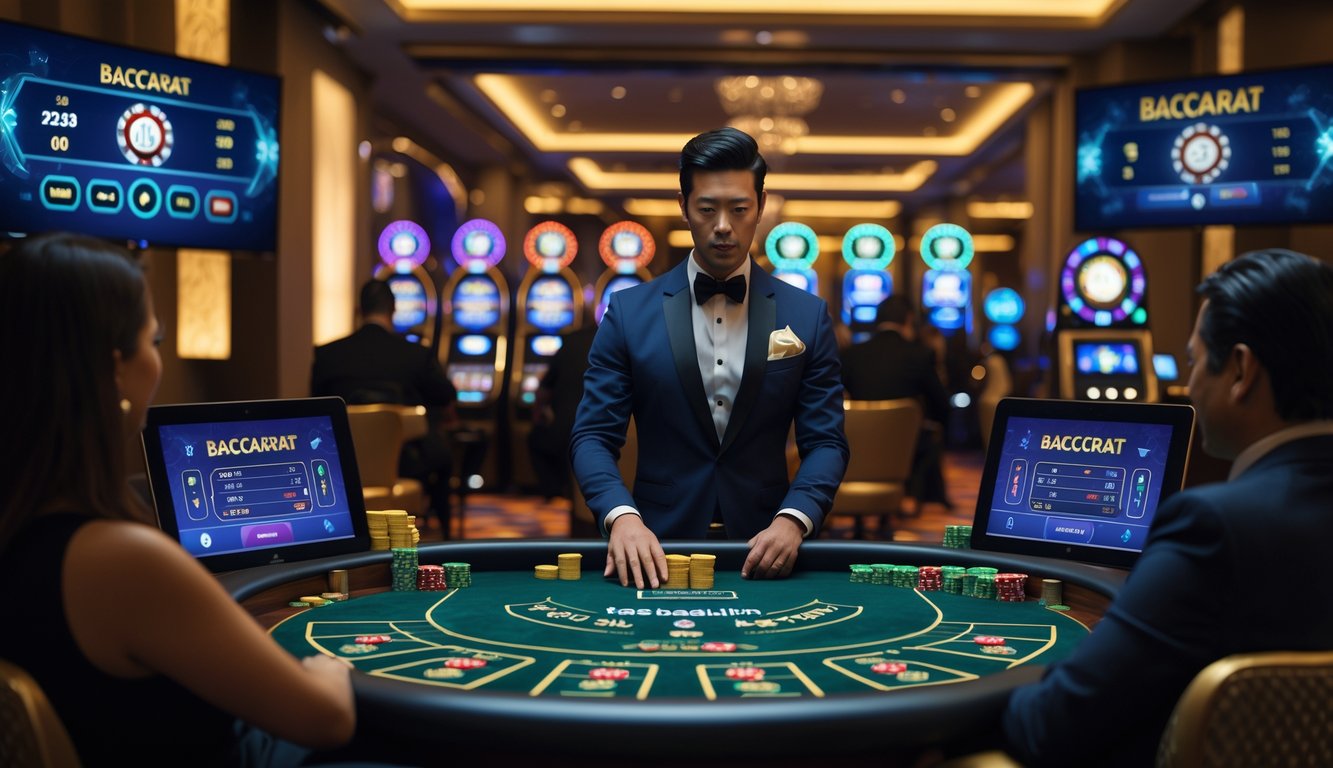 Seorang dealer profesional sedang mengatur kartu di meja baccarat dengan pemain yang memperhatikan, di latar belakang terdapat layar digital yang menampilkan statistik permainan.