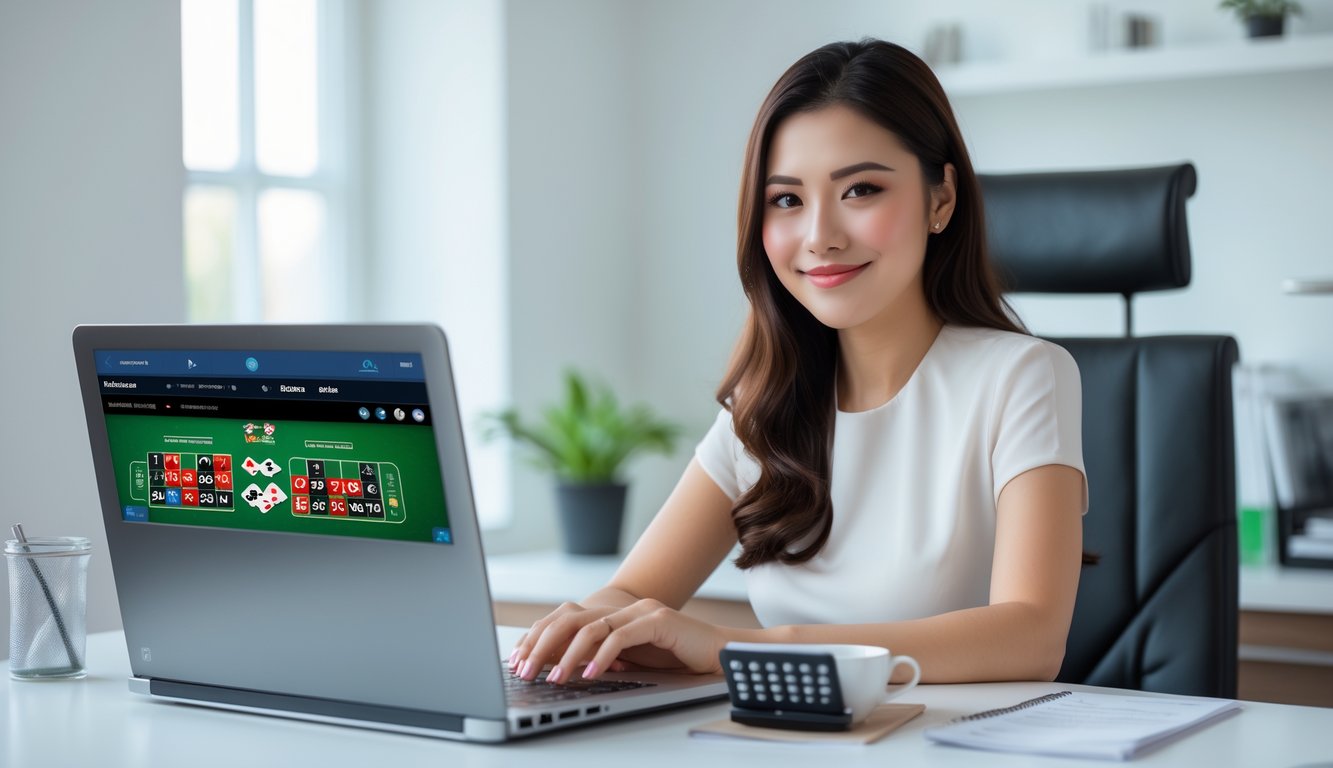 Seorang wanita muda duduk di meja dengan laptop yang menampilkan permainan baccarat online, tampak fokus dan percaya diri dengan alat tulis dan kalkulator di sampingnya.