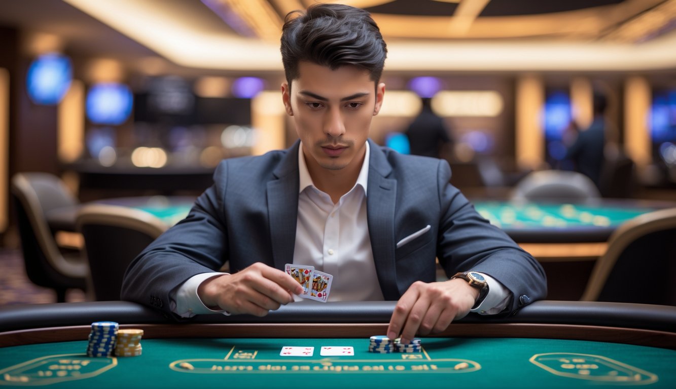 Seorang pria muda duduk di meja permainan kasino dengan kartu dan chip, tampak fokus dan serius.
