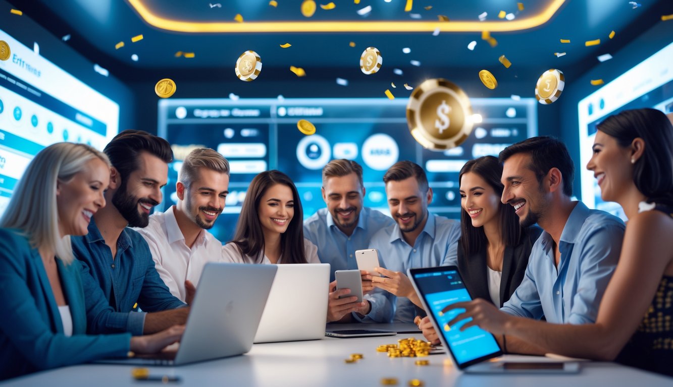 Sekelompok orang sedang menggunakan perangkat digital untuk bermain judi online dengan suasana ceria dan aman.