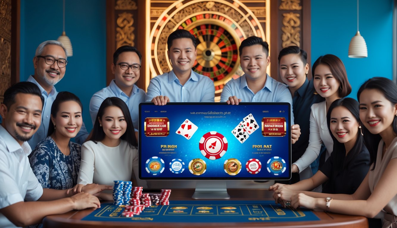 Sekelompok orang dewasa yang bahagia bermain permainan judi online di ruangan modern dengan layar digital besar dan elemen dekorasi khas Indonesia.