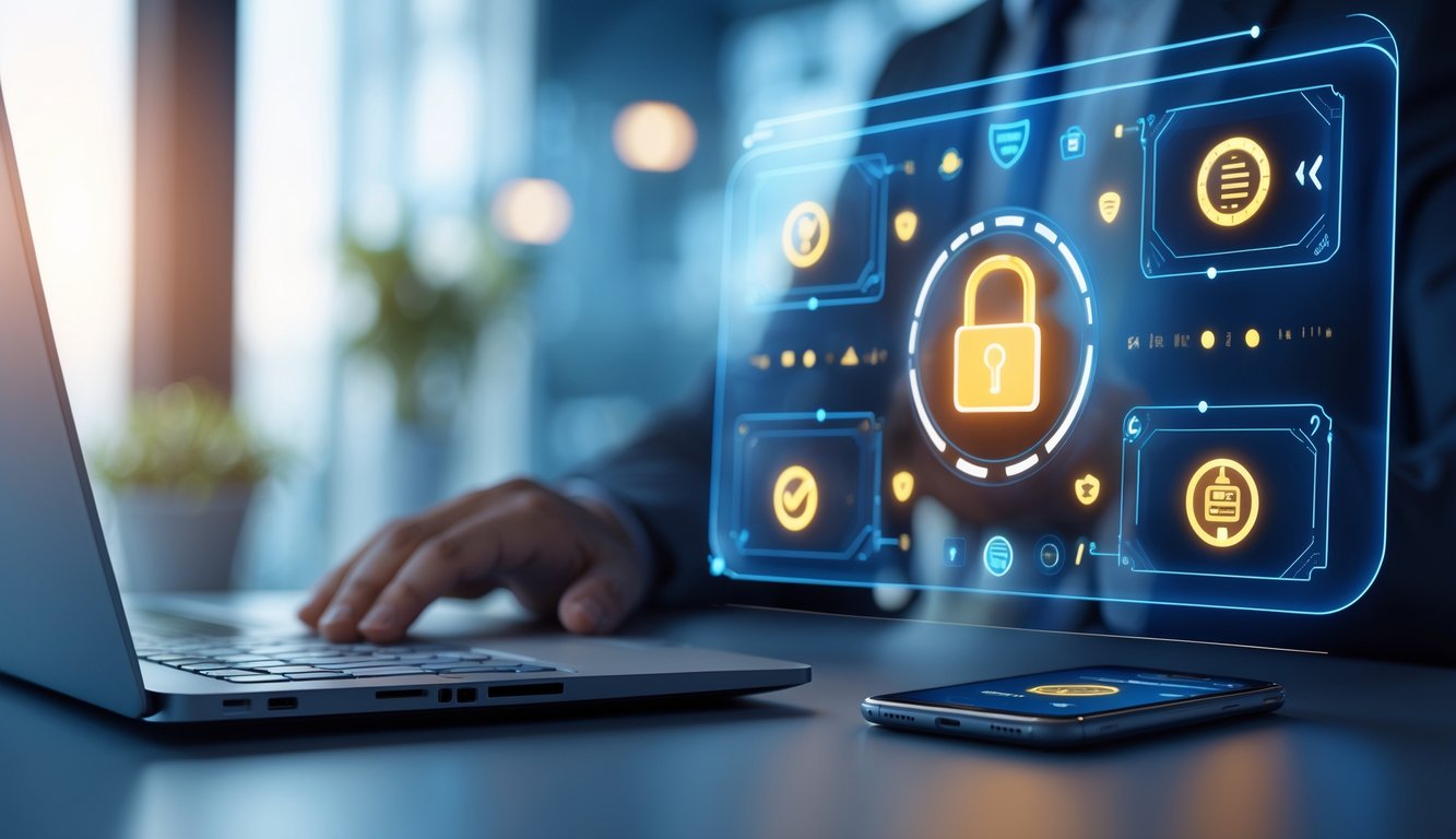 Suasana kantor modern dengan laptop dan ponsel yang menampilkan ikon keamanan dan pembayaran cepat untuk judi online.