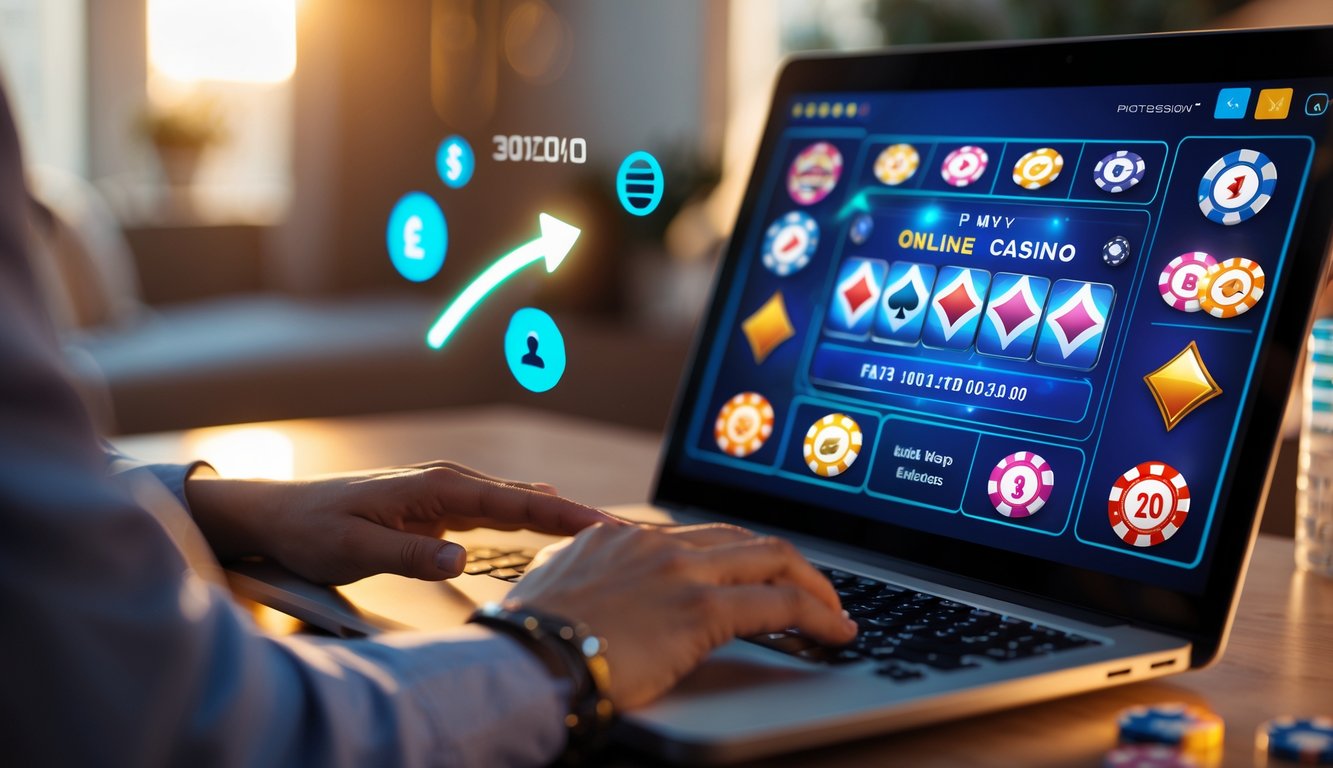 Seseorang menggunakan laptop atau ponsel untuk bermain judi online dengan tampilan permainan kasino di layar, di ruang yang nyaman dan terang.