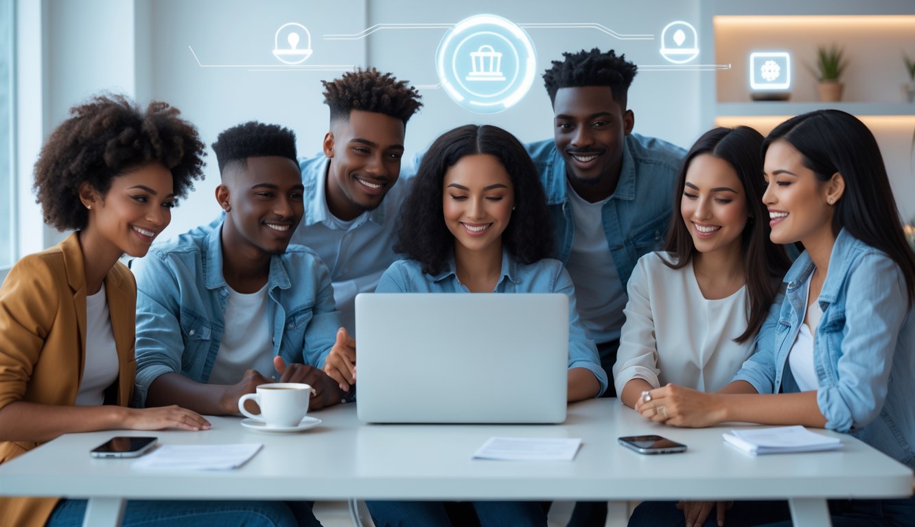 Sekelompok orang muda yang percaya diri sedang menggunakan laptop di ruang kerja modern dengan suasana cerah dan nyaman.