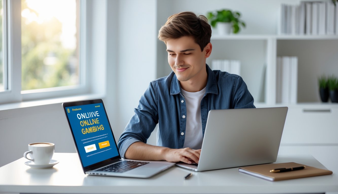 Seorang dewasa muda duduk di meja dengan laptop di ruang kerja rumah yang terang dan rapi, terlihat fokus dan percaya diri saat menggunakan situs judi online.
