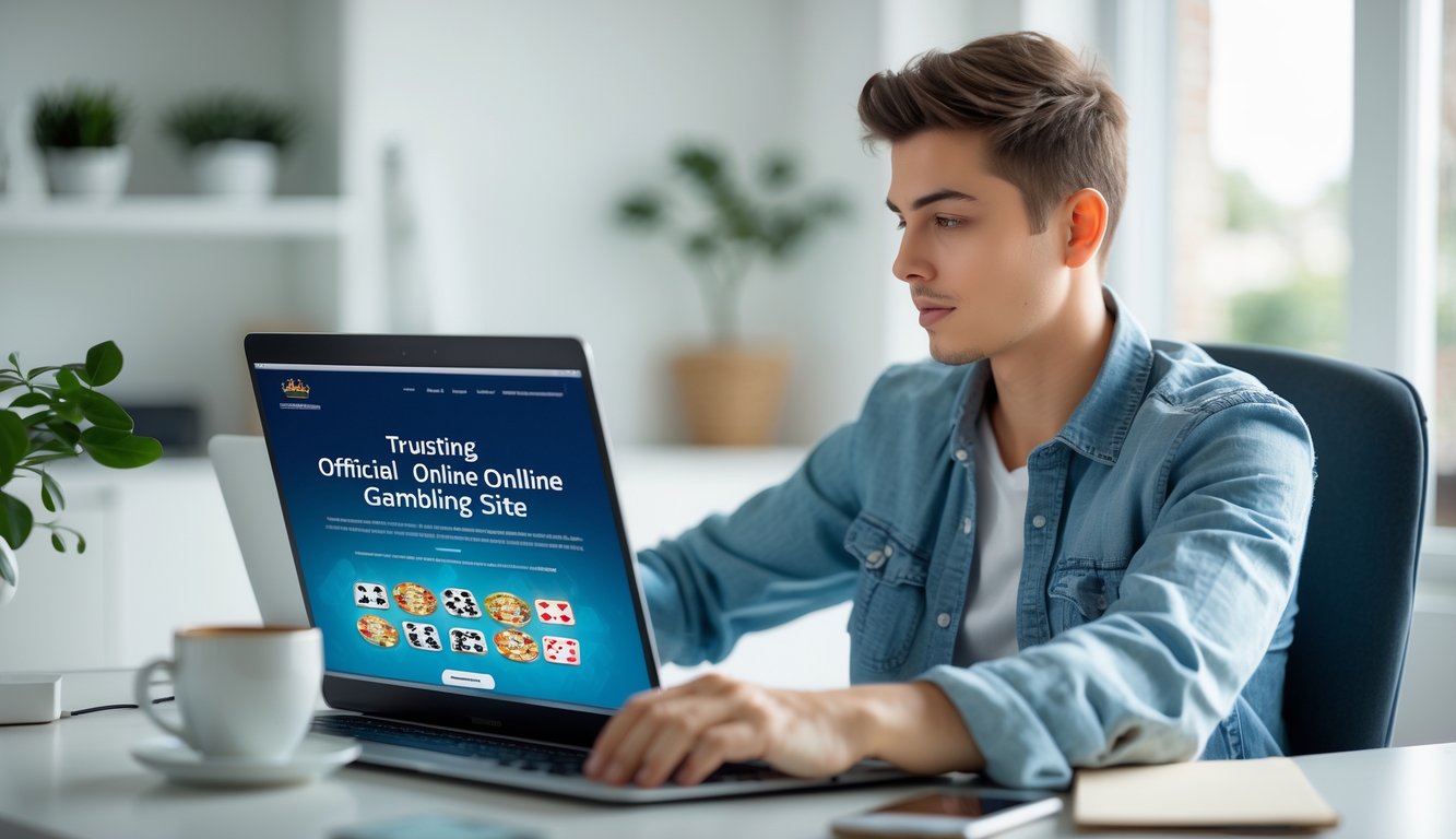 Seorang dewasa muda duduk di meja dengan laptop, fokus memilih situs judi online resmi di ruang kerja rumah yang terang.