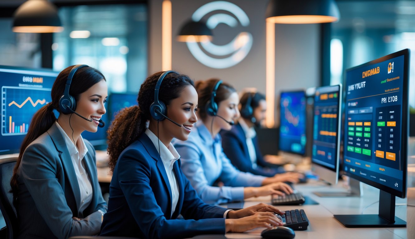 Tim layanan pelanggan yang profesional sedang bekerja di kantor modern dengan komputer dan layar digital yang menampilkan platform judi online.