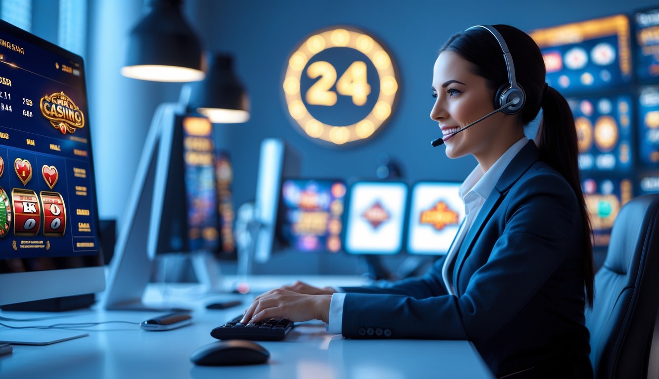 Seorang perwakilan layanan pelanggan duduk di meja dengan beberapa layar komputer menampilkan permainan kasino dan simbol lisensi resmi, dengan jam layanan 24 jam di latar belakang.