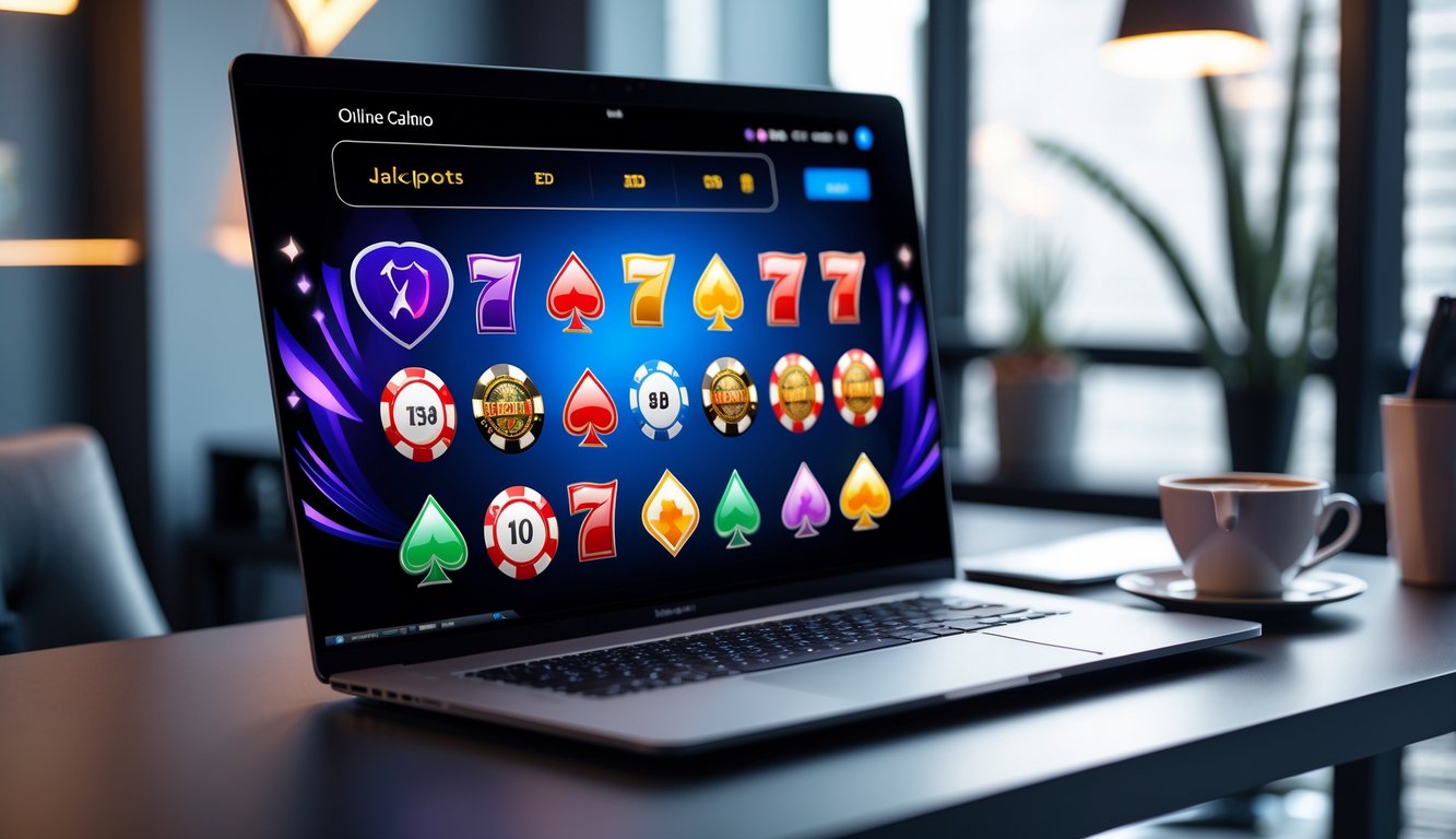 Suasana modern dengan komputer yang menampilkan berbagai permainan judi online di layar, menunjukkan lingkungan perjudian daring yang lengkap dan terpercaya.