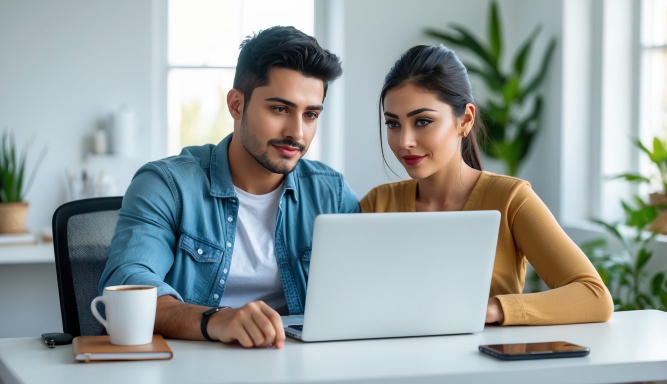 Seorang pria dan wanita muda duduk bersama di meja kerja menggunakan laptop dengan ekspresi fokus dan serius.