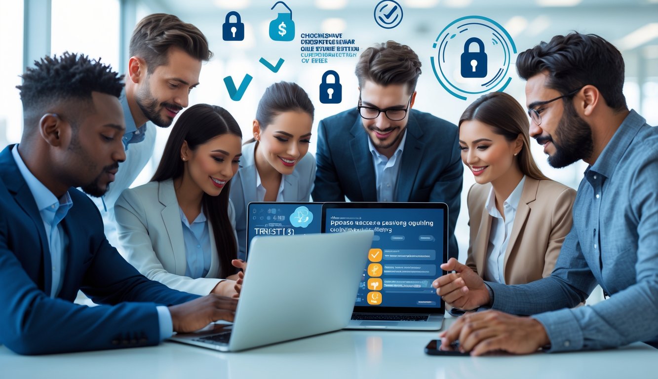 Sekelompok orang sedang berdiskusi di depan laptop dan ponsel di kantor yang terang, menunjukkan suasana kerja yang aman dan terpercaya.