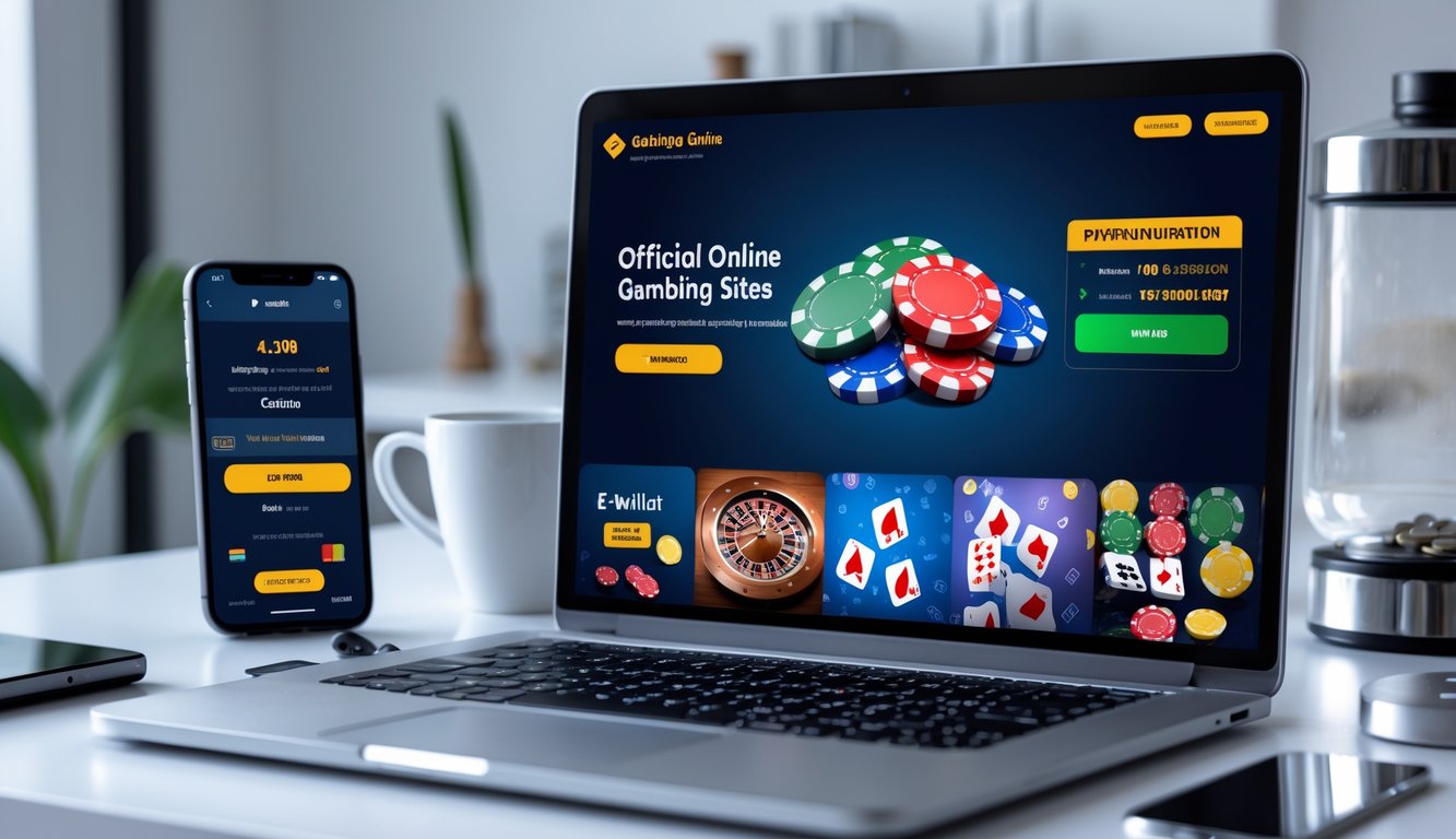 Seorang pengguna sedang menggunakan laptop dan ponsel untuk bermain judi online dengan metode pembayaran e-wallet di ruang kerja yang rapi.