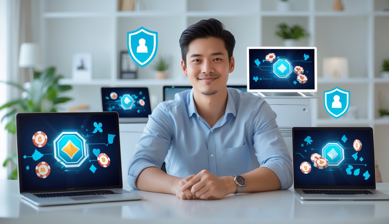 Seorang dewasa muda duduk santai di meja dengan laptop dan ponsel yang menampilkan grafik terkait judi, di ruang kerja modern yang terang dan rapi.