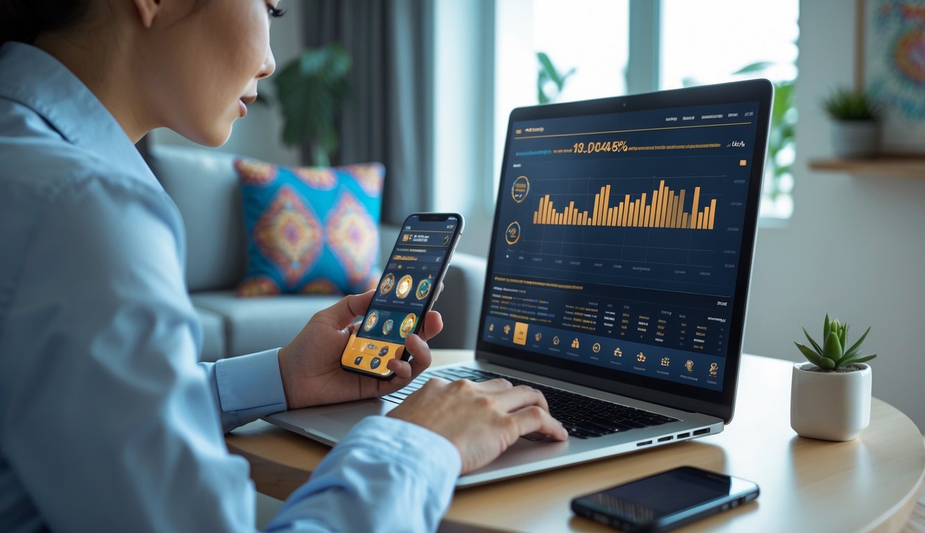 Seorang pria menggunakan laptop dan ponsel di ruang tamu modern dengan dekorasi batik, fokus pada aktivitas judi online.