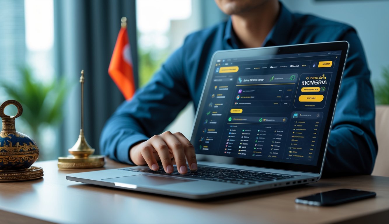 Seorang profesional menggunakan laptop di meja kerja modern dengan dekorasi kecil bertema Indonesia di latar belakang.