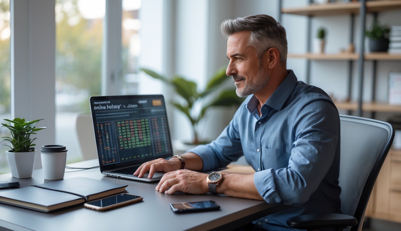 Seorang pria dewasa duduk di meja kerja dengan laptop dan alat tulis, fokus pada layar komputer di ruangan kantor rumah yang rapi.