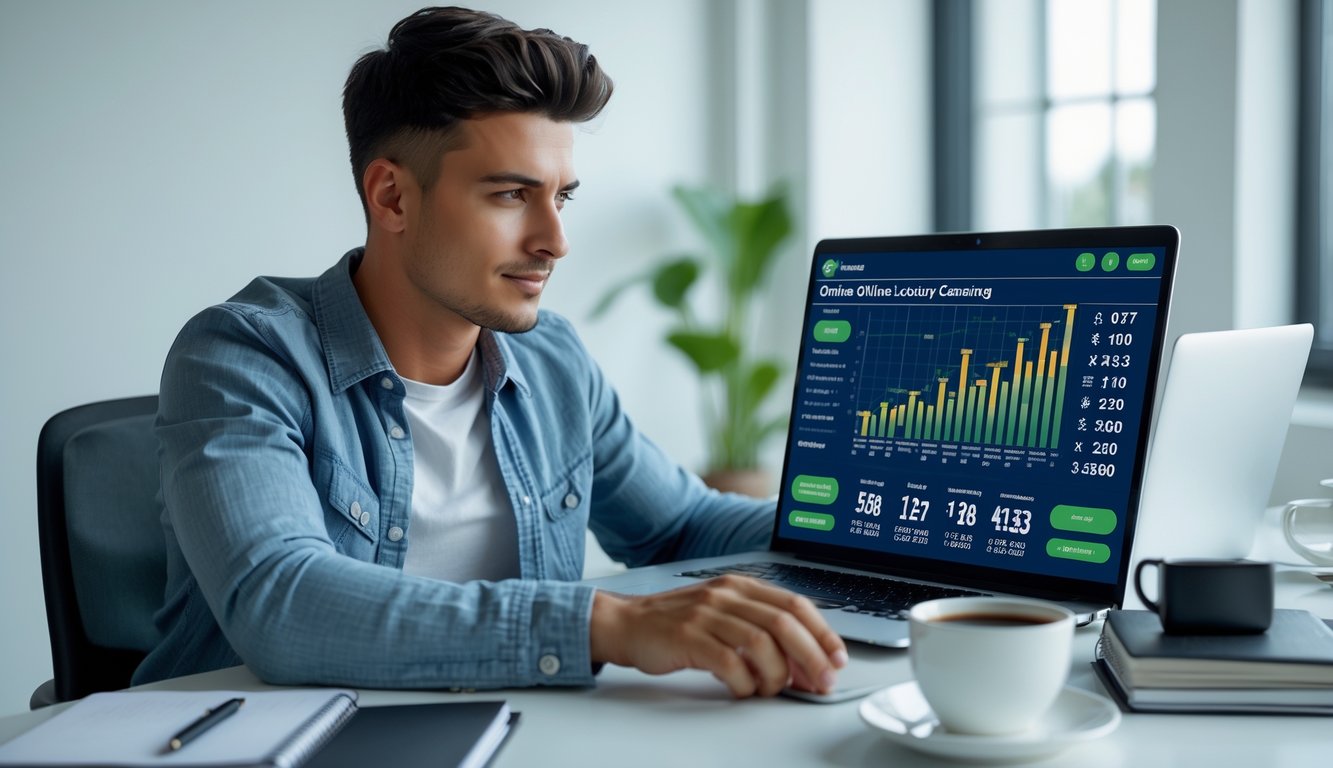 Seorang pria muda duduk di meja kantor modern, fokus melihat layar laptop dengan grafik dan angka terkait strategi judi togel online.