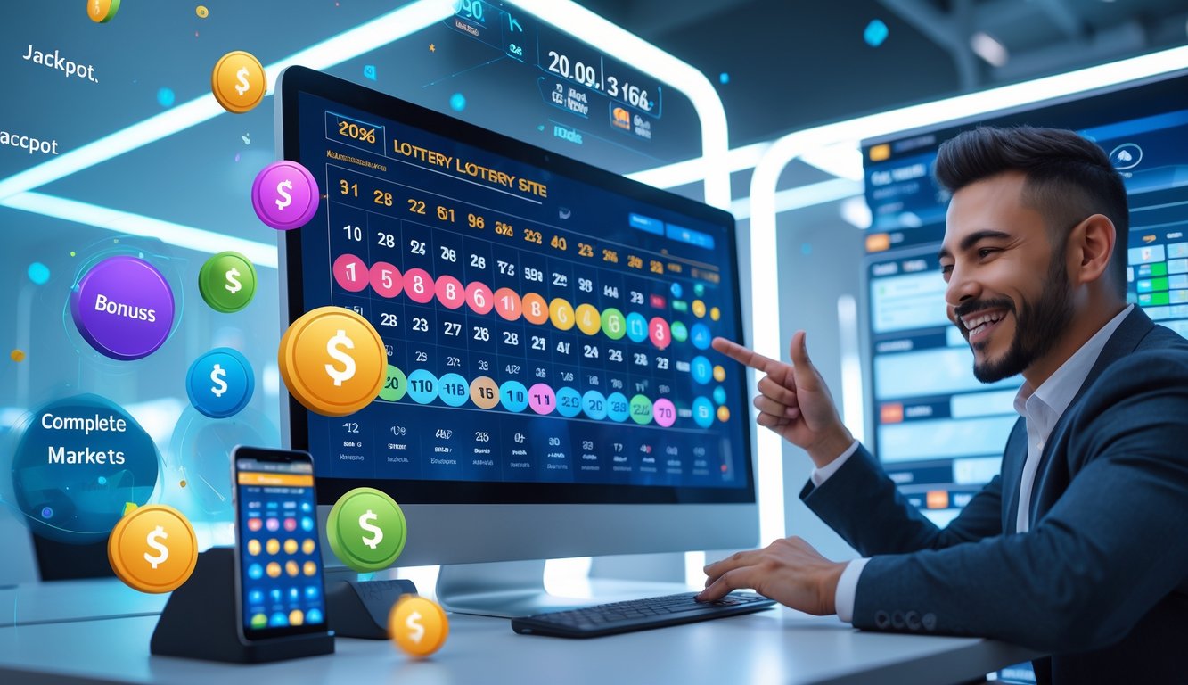 Seorang profesional menggunakan komputer dengan tampilan angka togel dan ikon bonus di meja kerja modern.