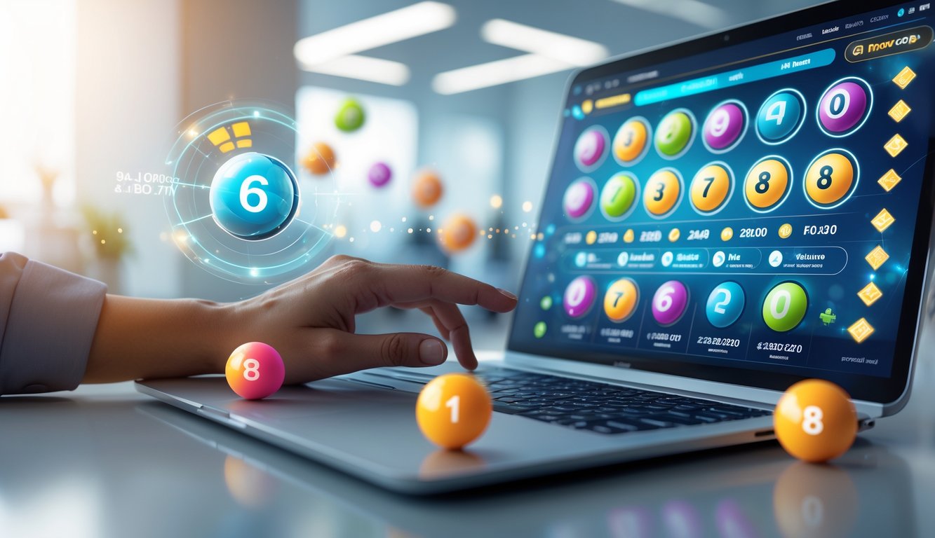 Tangan seseorang menggunakan perangkat digital dengan tampilan antarmuka togel online lengkap dan lingkungan kantor modern.