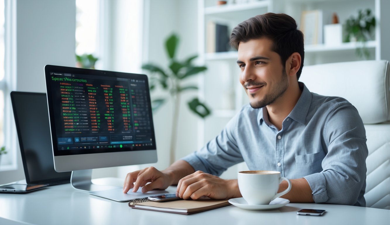 Seorang pria muda duduk di meja kerja dengan laptop dan catatan, terlihat fokus dan tenang di ruang kerja rumah.