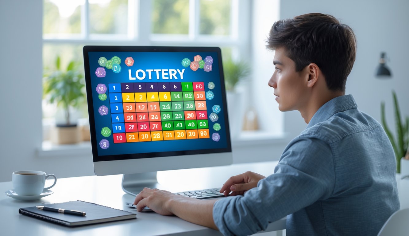 Seorang dewasa muda duduk di meja dengan laptop terbuka, melihat angka dan grafik togel online, di ruang kerja rumah yang terang dan rapi.