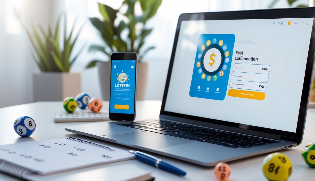 Meja kerja modern dengan laptop yang menampilkan antarmuka lotre digital dan ponsel yang menunjukkan konfirmasi pembayaran cepat, di samping bola lotre bernomor, pena, dan buku catatan.