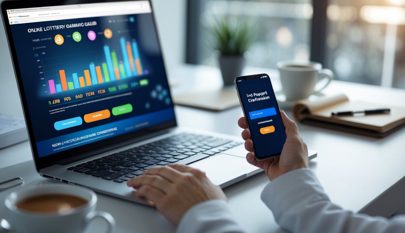 Meja kerja modern dengan laptop dan ponsel yang menampilkan layar terkait judi togel online dan pembayaran cepat.