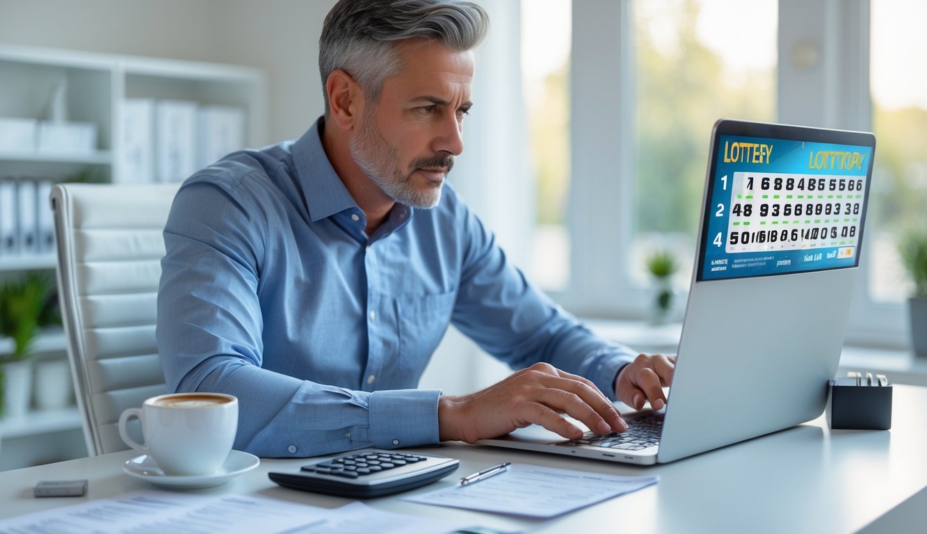Seorang pria dewasa duduk di meja kerja sambil melihat layar laptop dengan serius, dikelilingi catatan dan alat tulis di ruang kerja yang terang.
