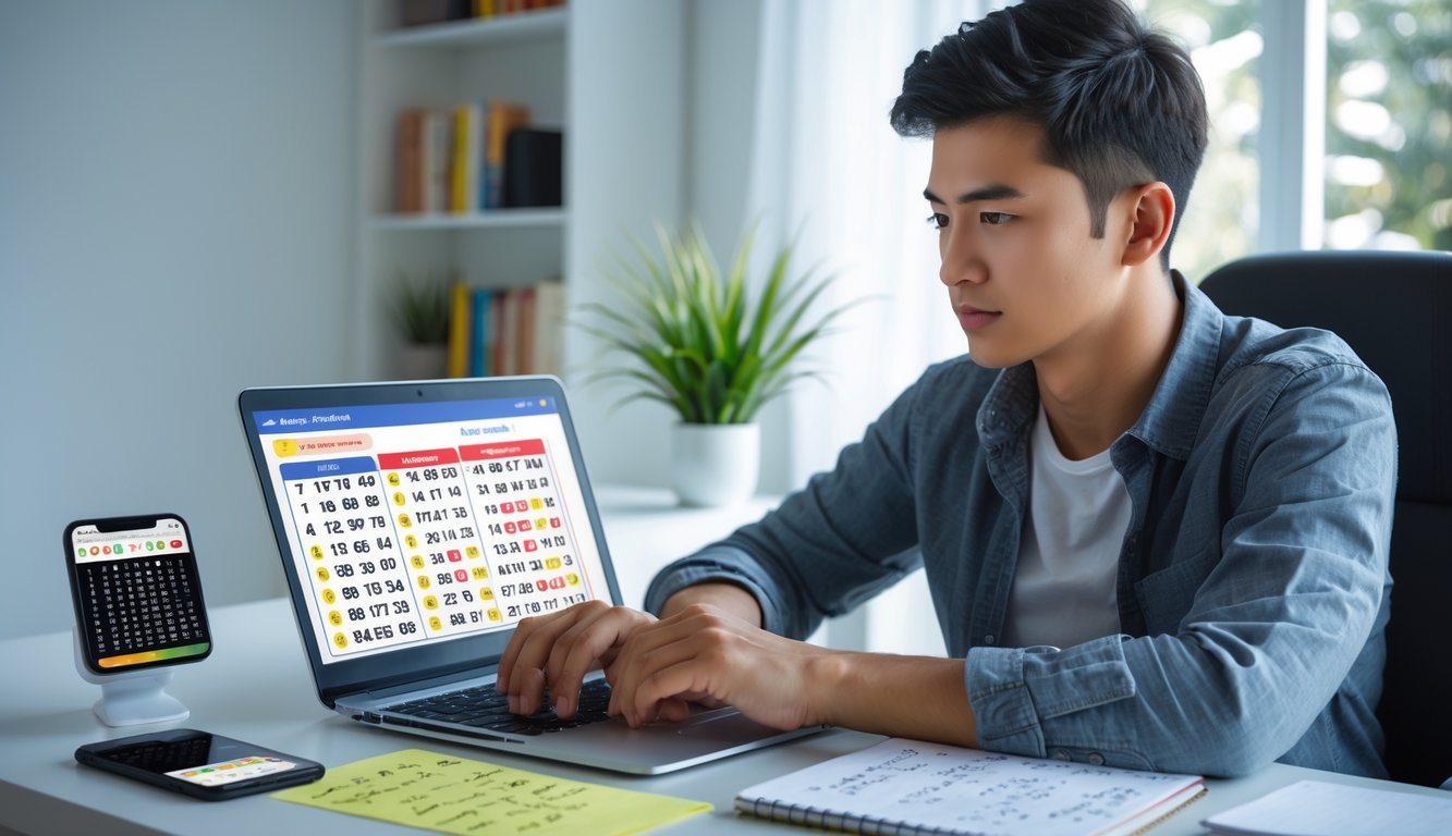Seorang pria muda duduk di meja dengan laptop dan ponsel, fokus menganalisis angka togel online di ruang kerja yang rapi.